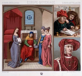 Fantasias civis na Idade Média no século XV. Em cima à direita: casas de câmbio em Antuérpia. Baixa à direita: retrato de Maximiliano da Áustria (1459-1519) depois de Quentin Metzys. Em "O traje histórico" de A. Raquet