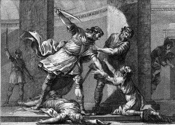 Clotário (Clothaire) I (cerca de 497-561) e Childeberto I, os reis francos, assassinaram dois filhos do seu irmão Clodomiro (495-524). Gravura do século XVIII.