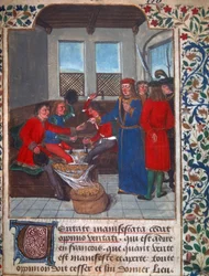A cunhagem de moedas na Idade Média. Miniatura de um rascunho de Nicolas Oresme (1320-1382). Século XV a.N. Paris