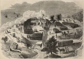 Conquete de Algerie: expedição à Grande Kabylia, em 1857, colocando a primeira pedra do Forte Napoleão em Souk-el-Arba (Souk el Arba). Gravura em "Le Monde illustrious" de 1857. Coleção particular.