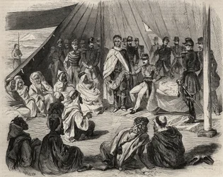 Conquete da Argélia: expedição à Grande Kabylia em 1857. Submissão da tribo Kabyle de Beni-Raten (Beni Raten) pelo exército francês. Gravação no "Le Monde ilustre" de 1857. Coleção privada.