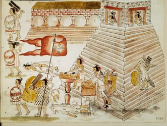 Conquista do México: destruição de Tenochtitlan, capital do império asteca, pelos exércitos do conquistador Hernán Cortés (Hernando Cortez) (1485-1547) em 24/06/1520. Miniatura de um manuscrito
