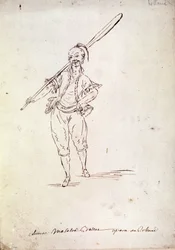 Figurino para o personagem de Roland na ópera homônima do compositor Niccolo Vito Piccinni (ou Piccini) (1728-1800) após um libreto de Jean Francois Marmontel (1778). Desenho do final do século XVIII
