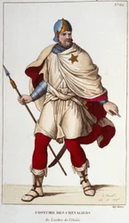 Traje de Cavaleiro da Ordem da Estrela, fundado por João II o Bom, em 1351. gravura de 1830