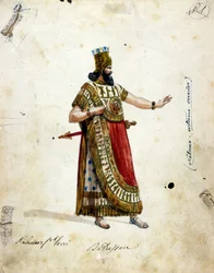 Traje de Nabucodonosor, rei da Babilónia, na ópera de Giuseppe Verdi (1813-1901), «Nabucco», inicialmente chamada «Nabucodonosor». Museu da Scala
