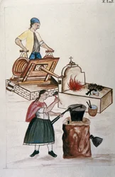 Casal de Moyobamma metisses trabalhando ferro em uma forja, do livro "Trujillo del Peru" ou "Códice Martínez Compañón", de Baltazar Martinez Compañón y Bujanda, bispo de Trujillo (1782-1785)