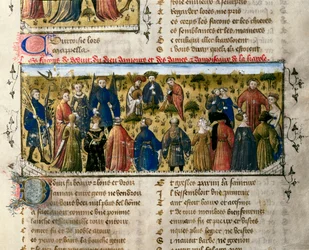Diversões da quadra: danças e jogos. A cena acontece na presença dos deuses do Amor, Beleza, Entrega, Franquia, Cortesia e Juventude. Miniatura de "" O Romano da Rosa "". Século XIV de Valência. Biblioteca da Universidade. ©AISA/Leemage