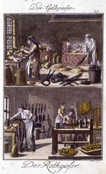 Artesanato: fundição de cobre e dinandier em suas oficinas. Em "Comprehensive description of arts and crafts and workshops for young people" por Johan Peter Vire. Ed. Nuremberga, Weigel e Schneider
