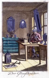 Artesanato: o criador de cristais na sua oficina. Em "Comprehensive description of arts and crafts and workshops for young people" por Johan Peter Vue. Ed. Nuremberga, Weigel e Schneider