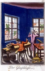 Artesanato: o alfaiate de vidro na sua oficina. Em "Comprehensive description of arts and crafts and workshops for young people" por Johan Peter Vue. Ed. Nuremberga, Weigel e Schneider