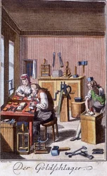 Artesanato: o baterista de ouro na sua oficina. Em "Comprehensive description of arts and crafts and workshops for young people" por Johan Peter Vue. Ed. Nuremberga, Weigel e Schneider