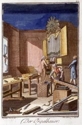 Artesanato: o construtor de órgãos na sua oficina. Em "Comprehensive description of arts and crafts and workshops for young people" por Johan Peter Vue. Ed. Nuremberga, Weigel e Schneider