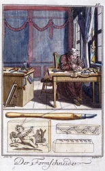 Artesanato: o gravador de madeira (e suas ferramentas de trabalho) em sua oficina. Em "Comprehensive description of arts and crafts and workshops for young people" por Johan Peter Vue. Ed. Nuremberga, Weigel e Schneider
