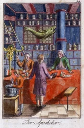 Artesanato: o boticário (farmacêutico) na sua oficina. Em "Comprehensive description of arts and crafts and workshops for young people" por Johan Peter Vire. Ed. Nuremberga, Weigel e Schneider