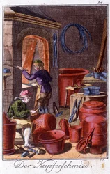 Artesanato: o caldeireiro na sua oficina. Em "Comprehensive description of arts and crafts and workshops for young people" por Johan Peter Vue. Ed. Nuremberga, Weigel e Schneider