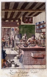 Artesanato: o confeiteiro na sua oficina. Em "Comprehensive description of arts and crafts and workshops for young people" por Johan Peter Vue. Ed. Nuremberga, Weigel e Schneider