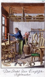 Artesanato: o fabricante de cadeiras na sua oficina. Em "Comprehensive description of arts and crafts and workshops for young people" por Johan Peter Vue. Ed. Nuremberga, Weigel e Schneider