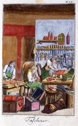 Artesanato: o pochetier e o gibecier na sua oficina. Em "Comprehensive description of arts and crafts and workshops for young people" por Johan Peter Vue. Ed. Nuremberga, Weigel e Schneider