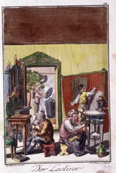 Artesanato: o envernizador na sua oficina. Em "Comprehensive description of arts and crafts and workshops for young people" por Johan Peter Vue. Ed. Nuremberga, Weigel e Schneider