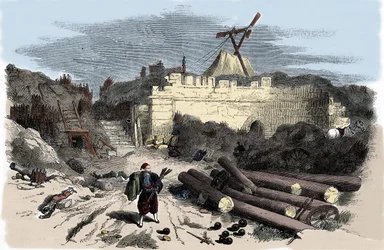 Guerra da Crimeia (1853-1856): telégrafo de Claude Chappe para Malakoff - gravura