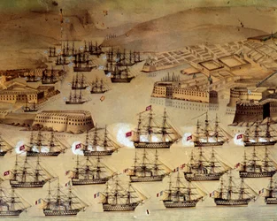 Guerra da Crimeia (1853-1856) entre a Rússia e o Império Otomano: os franceses e os britânicos, aliados aos turcos, cercam o porto russo de Sebastopol de 17 de Outubro de 1854 a 8 de Setembro de 1855. Istambul, Museu Naval.