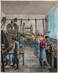 Oficina de fabrico de cutelaria (Posate) em França, no século XIX. Gravura a partir de 1885 em "Les arts et metiers illustres" de Adolphe BITARD.