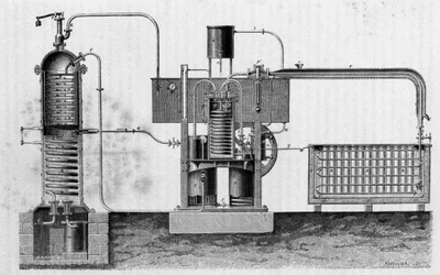 Corte do equipamento industrial para o fabrico de gelo de Ferdinand Carré. Gravura do século XIX.