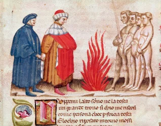 Dante e Virgílio rodeados pelas almas condenadas (do Inferno, na Divina Comédia) - miniatura do século XV