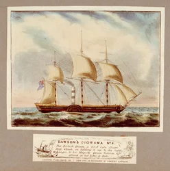 Diorama de Dawson n.º 4. O British Queen, um navio a vapor de primeira classe, que ao ser iluminado muda para Sua Majestade a Rainha Vitória vestida com as suas vestes de Estado, c.1838 (litografia, colorida)