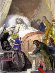 Morte de Luís XIV (1638-1715), rei de França, em 1 de setembro de 1715 em Versalhes, e o futuro Luís XV (1710-1774).