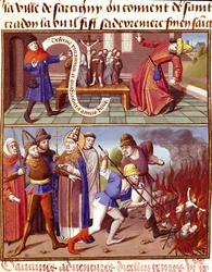 Destruição de objetos sagrados e intervenção do Papa Gregoire I o Grande (540-604) Miniatura em "Le miroir historiale" (Speculum Historiale) (ms. 1196) de Vincent de Beauvais (1190-1264) traduzido para o francês por Jean de Vignay