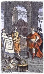Pormenor de 27797: “Histoire obligations et statutes de la très venerable Confraternity des Francs-Masons”: frontispício gravado por Reinhardt Jr. (1742), para a famosa obra do irmão do Terceiro, onde são traduzidas as passagens essenciais de Ander
