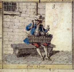 Detalhe do jogo do Ganso do Cree de Paris: o mercador de coco (vendendo bugigangas). Gravura do século XVIII. Coll. Partida.