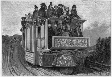 O carro mecânico de três rodas do Dr. Ghurch, construído em Birmingham em 1833. Gravura italiana do século XIX.