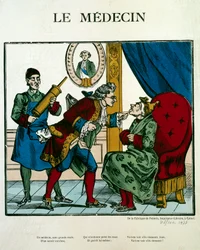 Cena de doutor representando um médico examinando um paciente, seu assistente atrás dele segura um clystere. Gravura do século XIX em Paris, B.N.