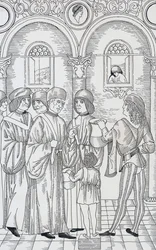Médico examinando a urina dos pacientes, xilogravura