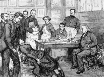 A experiência do Dr. Jean Martin Charcot com um paciente da escola do hospital psiquiátrico de Salpetriere. A biblioteca Charcot-Salpetriere.