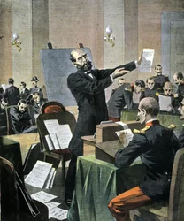 O caso Dreyfus. O especialista em grafologia Alphonse Bertillon depõe no julgamento de Rennes.