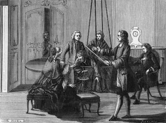 Experiência Dufay. Charles François Du Fay (Dufay?) (1698 - 1739), um químico e físico francês, mostrou que as faíscas elétricas podem ser tiradas do corpo humano. Gravura do Álbum de Ciências. França do século XIX.