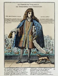 Impressão satírica holandesa contra Luís XIV: Batalha da Houga ou da frota francesa, armada para restaurar Jacques II e comandada por Anne Hilarion de Costentin (Cotentin), Conde de Tourville (1642-1701), foi derrotada e parcialmente destruída em 29 de Mai