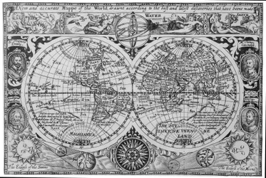 Mapa-múndi do início do século XVII, segundo Mercator, com retratos inseridos de exploradores (Drake, Magalhães, Thomas Cavendish e Oliver van der Nort), dos elementos e de eclipses