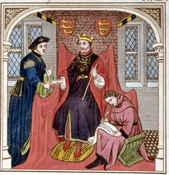 Eduardo III (1312 - 1377) recebeu o Conde Guy da Flandres. Gravura do final do século XVIII. Bibl. di Brera, Milão.
