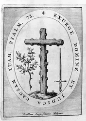 Emblema da Inquisição Espanhola: cruz, ramo de oliveira e espada. Século XVII