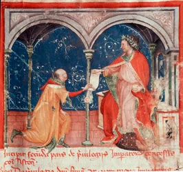 Imperador Frederic II de Hohenstaufen (1194-1250) concebendo privilégios para a cidade de Asti Miniature tirado do "Codex Astensis" (ou Malabayla), crônicas sobre a cidade de Asti entre 1065 e 1353. Século XIV. Preservação no prefeito de Asti