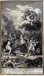 Enee, querendo vingar Pandaros, está pronto para sucumbir sob a gravidade de uma grande pedra que Diomede atira. Enquanto Vênus voa em seu resgate, Sthelenos agarrou sua carruagem e seus cavalos. Ilustração do livro V da Ilíada de Homero, edição francesa