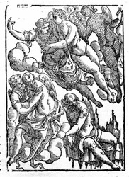 Eole (inferior direito) e ventos. "Mythologiae sive explicationes fabularum" da Natalis Comitis. Pádua 1677.