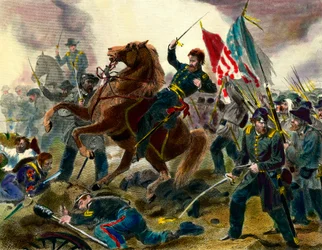 Episódio da Guerra da Secessão (1862-1865) ou Guerra Civil nos Estados Unidos: General Americano das Forças da União Ulysses Simpson Grant (1822-1885) durante uma batalha contra as tropas dos Estados da Confederação. Gravura do Colectivo Privado do século 