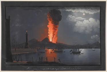 Erupção do Monte Vesúvio.
Cena nocturna, com um grupo de figuras contemplando a erupção do Monte Vesúvio do lado oposto da Baía de Nápoles, farol à esquerda, navios a navegar à direita e cidade e vulcão ao fundo; dentro da moldura p