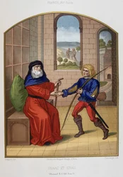 Esaú com as suas armas de caça e o seu pai Isaac. A cromolitografia do século XIX.