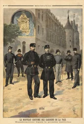 Evolução dos uniformes dos soldados da paz (ou sargentos da cidade) de 1860 a 1894, em frente à torre do relógio do Concierge, Paris. Gravação no "Le petit journal" 09/1894. Coleção da Selva.